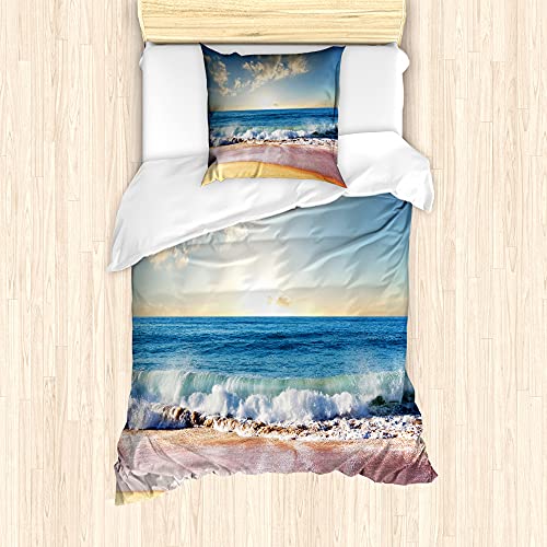 ABAKUHAUS Seestück Bettbezug Set für Einzelbetten, Sommer-Tag-Küste und Meer, Milbensicher Allergiker geeignet mit Kissenbezug, 135 cm x 200 cm - 80 x 80 cm, Mehrfarbig von ABAKUHAUS