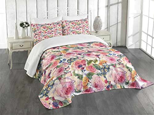 ABAKUHAUS Shabby Chic Tagesdecke Set, Shabby Chic Rose Floral, Set mit Kissenbezug Feste Farben, für Einzelbetten 170 x 220 cm, Multicolor von ABAKUHAUS