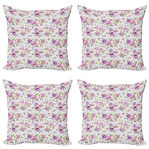 ABAKUHAUS Shabby Flora Dekokissen Kissenbezug 4er Pack, Rosen und Veilchen, Modern Accent Doppelseitiger Digitaldruck, 40 x 40 cm, Rosa von ABAKUHAUS