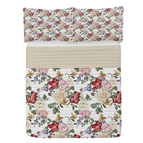 ABAKUHAUS Shabby Flora Mikrofaser Tagesdecken Set, Flieder Rosen Blumen, weiches Bettwäscheset mit Kissenbezügen und Steppdecke, 220 cm x 220 cm, Pale Pink Cream von ABAKUHAUS