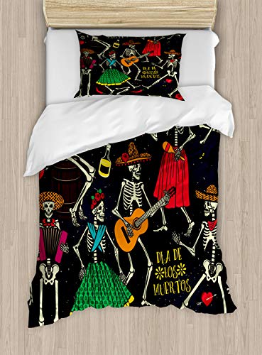 ABAKUHAUS Skelett Bettbezugs Set für Einzelbetten, Dia de los Muertos Fiesta, Milbensicher Allergiker geeignet mit Kissenbezug, 130 x 200 cm, Mehrfarbig Schwarz von ABAKUHAUS