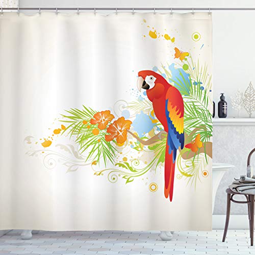 ABAKUHAUS Sommer Duschvorhang, Parrot Baum AST Flora, Stoffliches Gewebe Badezimmerdekorationsset mit Haken, 175 x 240 cm, Creme Rot Grün von ABAKUHAUS