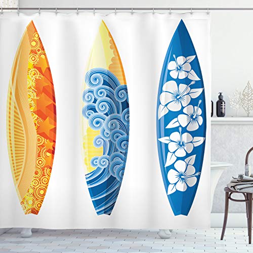 ABAKUHAUS Sommer Duschvorhang, Surf Fun Wassersport, Stoffliches Gewebe Badezimmerdekorationsset mit Haken, 175 x 200 cm, Blau Orange Gelb von ABAKUHAUS