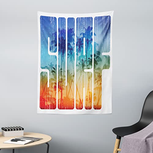 ABAKUHAUS Sommer Wandteppich, Surf Retro Letters Palms aus Weiches Mikrofaser Stoff Waschbar ohne Verblassen Digitaldruck, 110 x 150 cm, Marineblau Orange von ABAKUHAUS