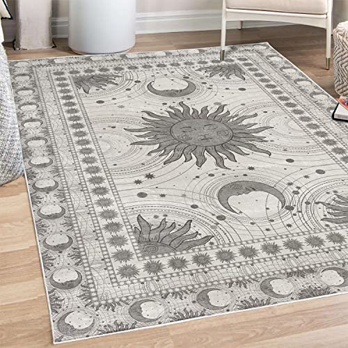 ABAKUHAUS Sonne und Mond Dekorativer Teppich, Bohemian Okkultes Design, Hochwertiger Flächenteppich für Schlafzimmer und Wohnzimmer, 122x170 cm, Grau von ABAKUHAUS