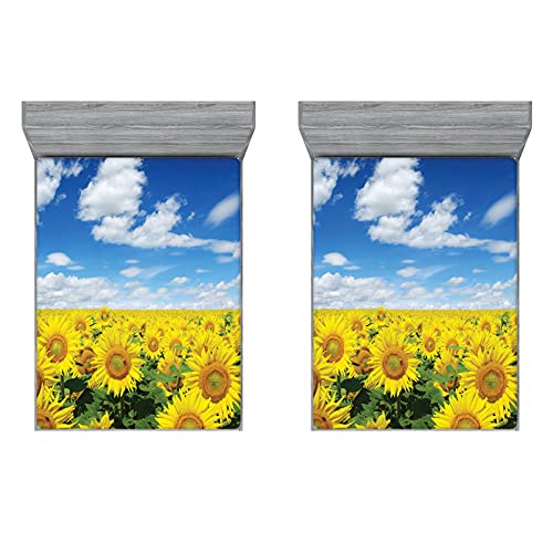 ABAKUHAUS Sonnenblume 2er-Satz Spannbetttuch, Frische Feld Land, Soft Dekorativer Stoff Bettwäsche Rund-um Elastischer Gummizug, 140 cm x 200 cm, Blau, Grün, Gelb von ABAKUHAUS