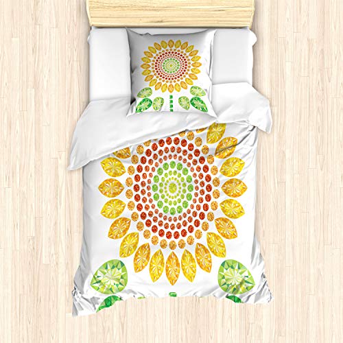 ABAKUHAUS Weiß Bettbezug Set für Einzelbetten, Sunflower Mandala-Entwurf, Milbensicher Allergiker geeignet mit Kissenbezug, Gelb Weiß und Grün von ABAKUHAUS