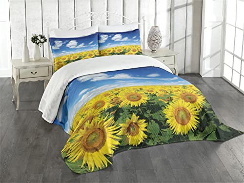 ABAKUHAUS Sonnenblume Tagesdecke Set, Frische Feld Land, Set mit Kissenbezug Mit Digitaldruck, für Einzelbetten 170 x 220 cm, Gelb Grün Blau von ABAKUHAUS