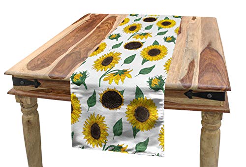 ABAKUHAUS Sonnenblume Tischläufer, Von Hand gezeichnet Blumenkunst, Esszimmer Küche Rechteckiger Dekorativer Tischläufer, 40 x 180 cm, Reseda Grün von ABAKUHAUS