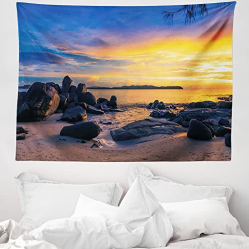 ABAKUHAUS Sonnenuntergang Wandteppich Meeres Landschaftsbild mit klarem Wellen Dämmerung Romantische Fotographieaus Weiches Mikrofaser Stoff 150 x 110 cm Klare Farben ohne verblassen, Blau Gold von ABAKUHAUS