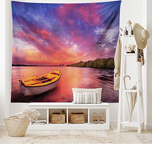 ABAKUHAUS Sonnenuntergang Wandteppich und Tagesdecke Fische Boot Meer über Romantische Sonnenuntergang Lebendige Farben Naturaus Weiches Mikrofaser Stoff 230 x 140 cm Ohne Verblassen, Rosa und Lila von ABAKUHAUS