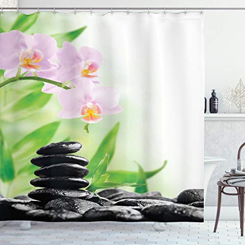 ABAKUHAUS Spa Duschvorhang, Basaltsteine ​​Orchid, Stoffliches Gewebe Badezimmerdekorationsset mit Haken, 175 x 200 cm, Schwarz Grün Rosa von ABAKUHAUS