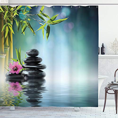 ABAKUHAUS Spa Duschvorhang, Hibiscus Bambus auf dem Wasser, Stoffliches Gewebe Badezimmerdekorationsset mit Haken, 175 x 220 cm, Petrol Blue Lime Grün von ABAKUHAUS