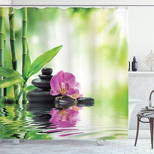 ABAKUHAUS Spa Duschvorhang, Orchideen Rock Wasser, Stoffliches Gewebe Badezimmerdekorationsset mit Haken, 175 x 180 cm, Grün Rosa von ABAKUHAUS