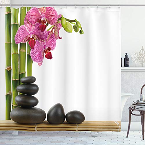 ABAKUHAUS Spa Duschvorhang, Pink Orchid und Bambusse, Stoffliches Gewebe Badezimmerdekorationsset mit Haken, 175 x 180 cm, Schwarz Grün Rosa von ABAKUHAUS