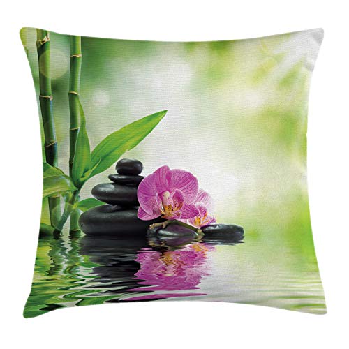 ABAKUHAUS Spa Kissenbezug, Orchideen Rock Wasser, Kissenbezug Beidseitiges Muster Klarer Digitaldruck Farbfest mit Reißverschluss, 40 x 40 cm, Schwarz Grün Rosa von ABAKUHAUS