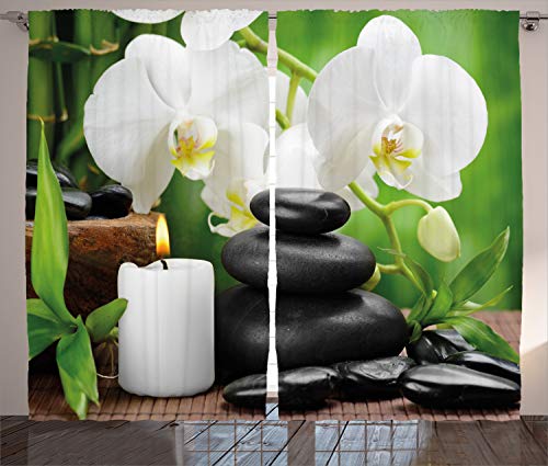 ABAKUHAUS Spa Rustikaler Gardine, Orchideen Zen Steine Natur, Schlafzimmer Kräuselband Vorhang mit Schlaufen und Haken, 280 x 175 cm, Weiß Anthrazit grau Grün von ABAKUHAUS
