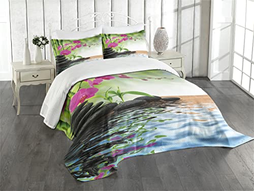 ABAKUHAUS Spa Tagesdecke Set, Bambus-Baum Orchid Steine, Set mit Kissenbezügen Waschbar, für Doppelbetten 220 x 220 cm, Lindgrün von ABAKUHAUS