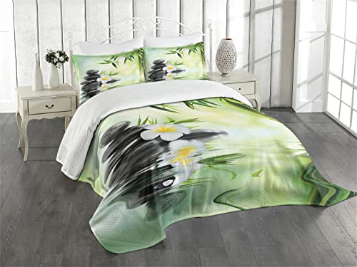 ABAKUHAUS Spa Tagesdecke Set, Bambus japanische Relax, Set mit Kissenbezügen Ohne verblassen, für Doppelbetten 264 x 220 cm, Anthrazit grau Hellgrün Gelb von ABAKUHAUS