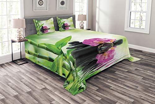 ABAKUHAUS Spa Tagesdecke Set, Orchideen Rock Wasser, Set mit Kissenbezügen farbfester Digitaldruck, für Doppelbetten 220 x 220 cm, Weiß Grün von ABAKUHAUS