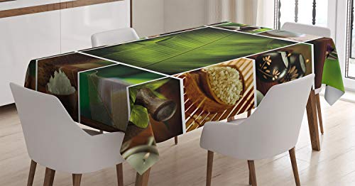 ABAKUHAUS Spa Tischdecke, Stein Herbal Botanic Pflanze, Schmutzabweisend Pflegeleicht Waschbar Druck Mit Klaren Farben ohne Verblassen, 140 x 170 cm, Weiß Braun und Grün von ABAKUHAUS