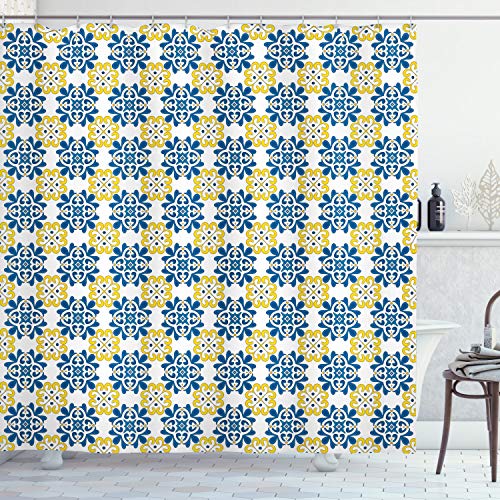 ABAKUHAUS Spanisch Duschvorhang, Portugiesisch-Mosaik-Fliesen, Stoffliches Gewebe Badezimmerdekorationsset mit Haken, 175 x 180 cm, Weiß Blau Gelb von ABAKUHAUS