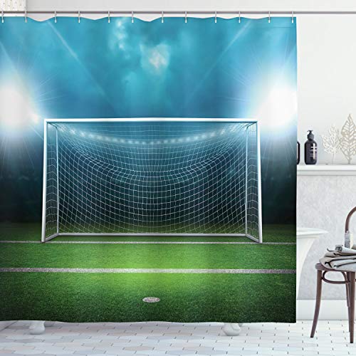 ABAKUHAUS Sport Duschvorhang, Fußball-Fußball-Spiel, Stoffliches Gewebe Badezimmerdekorationsset mit Haken, 175 x 220 cm, Grün blau von ABAKUHAUS