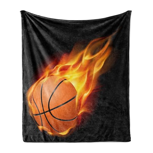 ABAKUHAUS Sport Weiche Kuscheldecke Sofadecke, Basketball Feuer schießen, Gemütlicher Plüsch für den Innen- und Außenbereich, 175 x 230 cm, schwarz orange von ABAKUHAUS