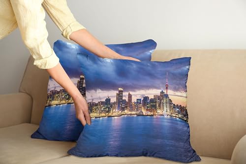 ABAKUHAUS Stadt Kissenbezug 2er-Pack, Auckland Die größte Stadt in Neuseeland Waterfront Reiseziel, Kissenhülle mit Reißverschluss Beidseitiger Druck, 40 x 40 cm, Marineblau Blassgelb von ABAKUHAUS