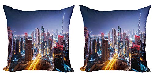 ABAKUHAUS Stadt Kissenbezug Set (2Stück), Nacht Dubai Tourist, doppelseitiges Digitaldruckdekor mit Reißverschluss, 40 cm, Mehrfarbig von ABAKUHAUS