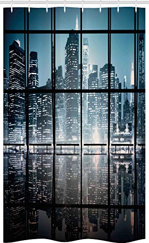 ABAKUHAUS Stadt Schmaler Duschvorhang, New York bei Nacht-Landschaft, Badezimmer Deko Set aus Stoff mit Haken, 120 x 180 cm, Dunkelblau Schwarz von ABAKUHAUS