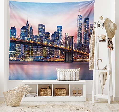 ABAKUHAUS Stadt Wandteppich, Sonnenaufgang in Brooklyn Bridge aus Weiches Mikrofaser Stoff Waschbar ohne Verblassen Digitaldruck, 150 x 110 cm, Rosa Blau von ABAKUHAUS