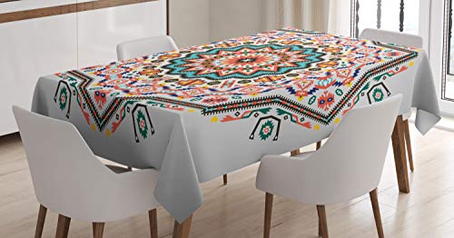 ABAKUHAUS Stammes Tischdecke, Abstrakt Sun Aztec Stil, Personalisierter Druck mit Klaren Farben Waschbar Wasserfest kein Verblassen, 140 x 170 cm, Türkis Korallenrot von ABAKUHAUS