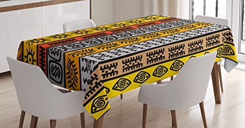 ABAKUHAUS Stammes Tischdecke, Motive, Druck mit Klaren Farben ohne Verblassen Waschbar für innen oder Außen Bereich, 140 x 170 cm, Orange Gelb und Schwarz von ABAKUHAUS