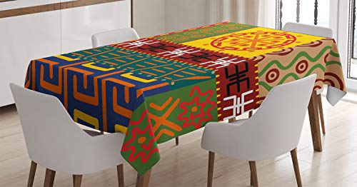 ABAKUHAUS Stammes Tischdecke, Primitive Tribal, Personalisierter Druck Klare Farben ohne Verblassen Waschbar für Außen Bereich, 140 x 200 cm, Gelb Grün von ABAKUHAUS