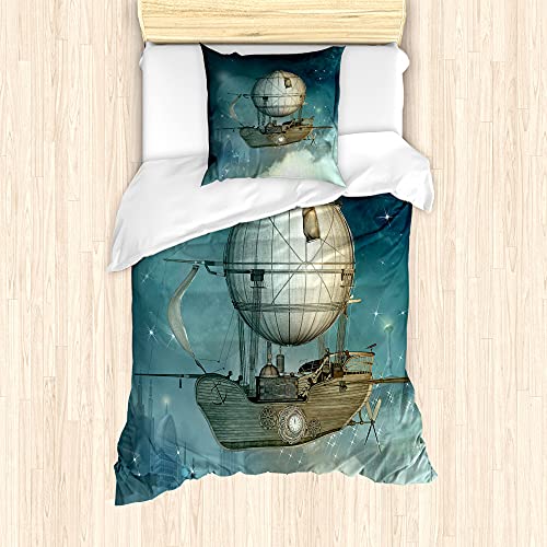 ABAKUHAUS Steampunk Bettbezug Set für Einzelbetten, futuristisch Airship, Milbensicher Allergiker geeignet mit Kissenbezug, 135 cm x 200 cm - 80 x 80 cm, Petrol Blau und Tan von ABAKUHAUS