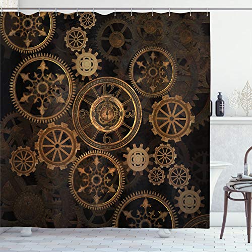 ABAKUHAUS Steampunk Duschvorhang, Räder Dunkle Schatten, Stoffliches Gewebe Badezimmerdekorationsset mit Haken, 175 x 200 cm, Dark Brown Sand Braun von ABAKUHAUS