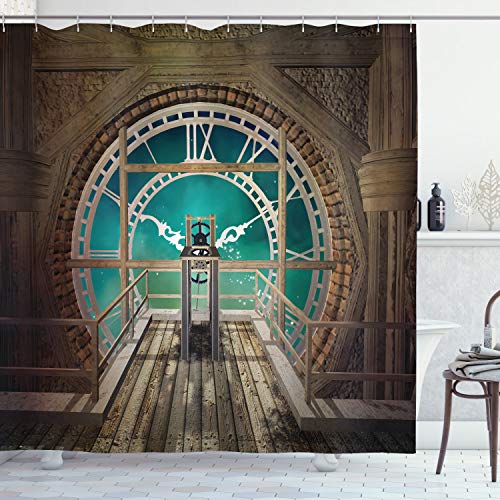 ABAKUHAUS Steampunk Duschvorhang, Fantasy Clock Tower, Stoffliches Gewebe Badezimmerdekorationsset mit Haken, 175 x 180 cm, Pale Brown Türkis von ABAKUHAUS