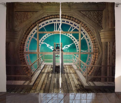 ABAKUHAUS Steampunk Rustikaler Gardine, Fantasy Clock Tower, Schlafzimmer Kräuselband Vorhang mit Schlaufen und Haken, 280 x 225 cm, Türkis von ABAKUHAUS