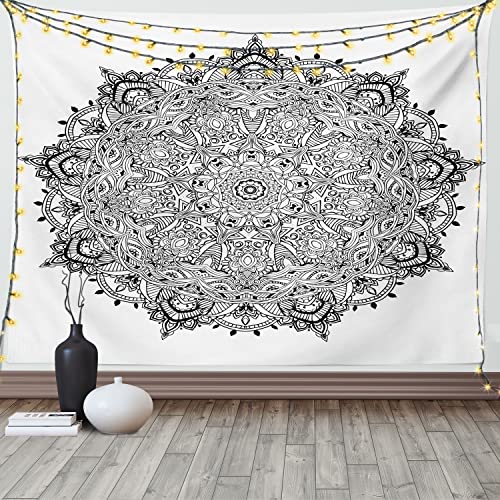 ABAKUHAUS Stoff Wandteppich, Mandala-Kunst Schwarz Weiß aus Weiches Mikrofaser Stoff Waschbar ohne Verblassen Digitaldruck, 150 x 110 cm, Schwarz und Weiß von ABAKUHAUS