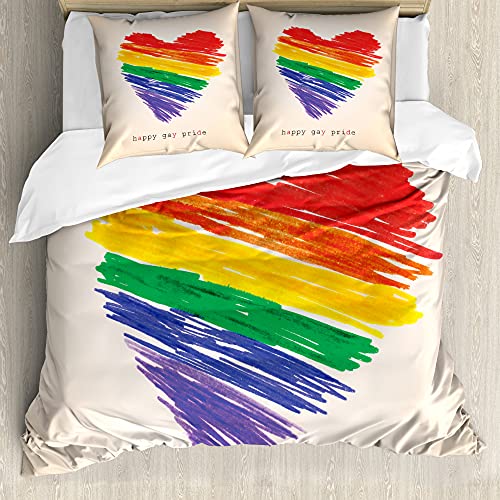 ABAKUHAUS Stolz Bettbezugs Set Für Doppelbetten, Glücklich Homosexuell Pride Regenbogen-Herz, Milbensicher Allergiker geeignet mit Kissenbezügen, Gelb Rot von ABAKUHAUS