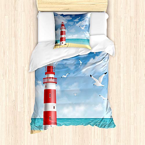 ABAKUHAUS Strand Bettbezug Set für Einzelbetten, Leuchtturm Möwen Ozean, Milbensicher Allergiker geeignet mit Kissenbezug, Vermilion Blau ABAKUHAUS Strand Bettbezug Set für Einzelbetten, Leuchtturm Möwen Ozean, Milbensicher Allergiker geeignet mit Kissenbezug, Vermilion Blau von ABAKUHAUS
