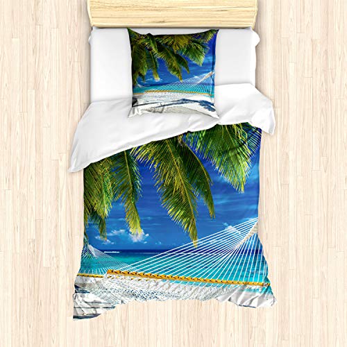 ABAKUHAUS Strand Bettbezug Set für Einzelbetten, Sandy Palm Coconut Sea, Milbensicher Allergiker geeignet mit Kissenbezug, Creme Marine-Grün von ABAKUHAUS
