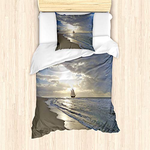 ABAKUHAUS Strand Bettbezug Set für Einzelbetten, Segeln shipt Sonnenuntergang, Milbensicher Allergiker geeignet mit Kissenbezug, Blau Beige Weiß von ABAKUHAUS