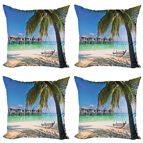 ABAKUHAUS Strand Dekokissen Kissenbezug 4er Pack, Karibik Tropical Coast, Modern Accent Doppelseitiger Digitaldruck, 40 x 40 cm, Türkis Aqua von ABAKUHAUS