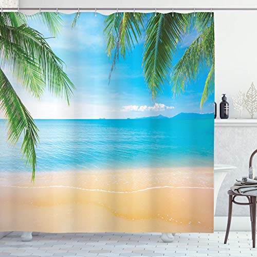 ABAKUHAUS Strand Duschvorhang, Exotische Lagune Sand Ozean, Stoffliches Gewebe Badezimmerdekorationsset mit Haken, 175 x 220 cm, Sand Brown Sky Blue von ABAKUHAUS