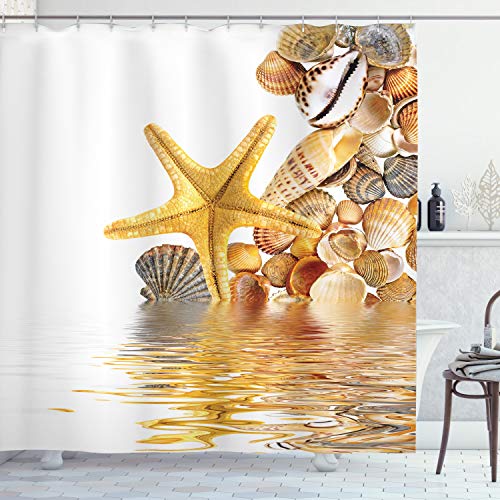 ABAKUHAUS Strand Duschvorhang, Muscheln und Seesterne, Stoffliches Gewebe Badezimmerdekorationsset mit Haken, 175 x 200 cm, Braun Gelb Creme von ABAKUHAUS