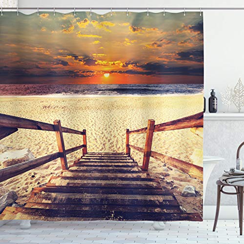 ABAKUHAUS Strand Duschvorhang, Romantische Sonnenuntergang-Skyline, Stoffliches Gewebe Badezimmerdekorationsset mit Haken, 175 x 200 cm, Orange Creme von ABAKUHAUS