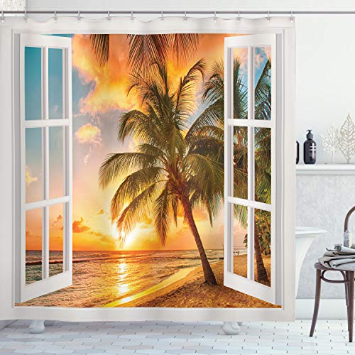 ABAKUHAUS Strand Duschvorhang, Sea Ocean Palms Landschaft, Stoffliches Gewebe Badezimmerdekorationsset mit Haken, 175 x 240 cm, Mehrfarbig von ABAKUHAUS