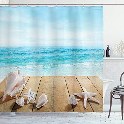 ABAKUHAUS Strand Duschvorhang, Sonnenschein Malediven Deck, Stoffliches Gewebe Badezimmerdekorationsset mit Haken, 175 x 180 cm, Pale Brown Beige von ABAKUHAUS